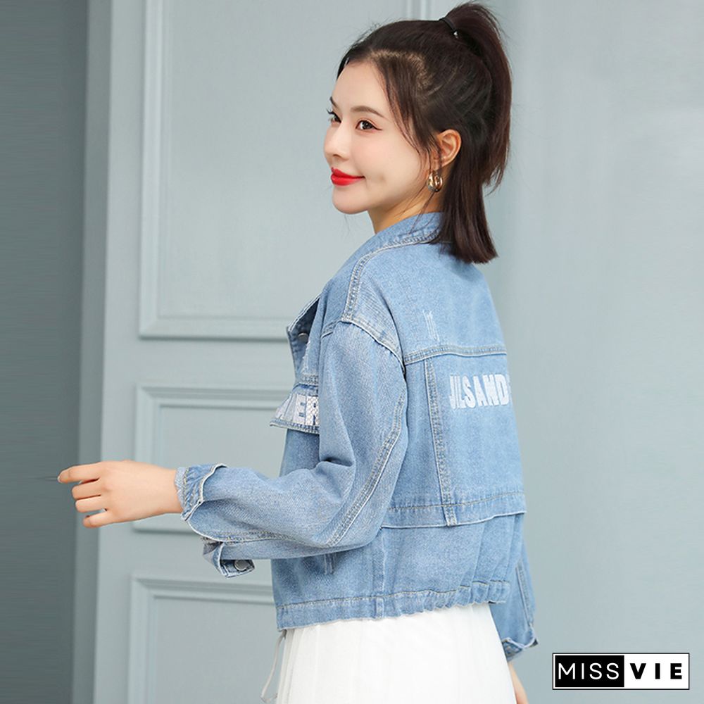 Spring Autumn Fashion Letter Denim Jacket Women Loose All Match Jean Jackets Casual Long Sleeves Coats Korean Street Wear