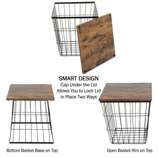 Set of 3 Living Room Tables - Metal Basket Storage with Removable Lids - 2 Small Side and 1 Large Accent Table (Brown/Black)