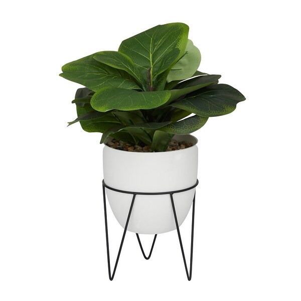 Green Faux Foliage Pilea Artificial Plant with Realistic Leaves and Metal Stand and White Pot