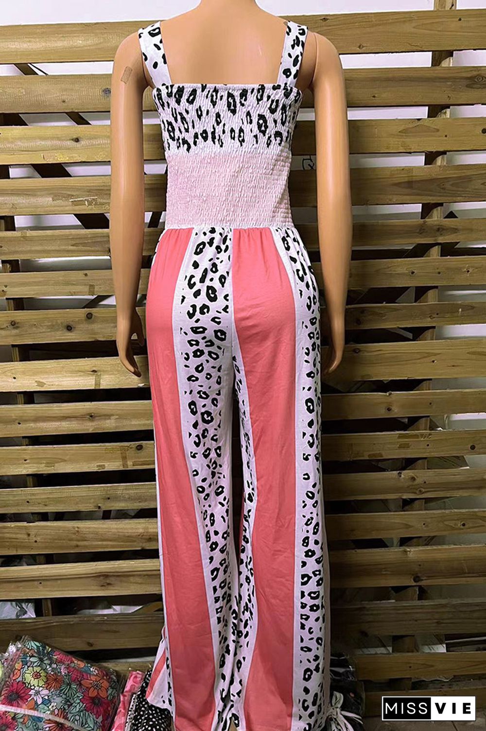 Color Block Leopard Smocked Cami Wide Leg Jumpsuit