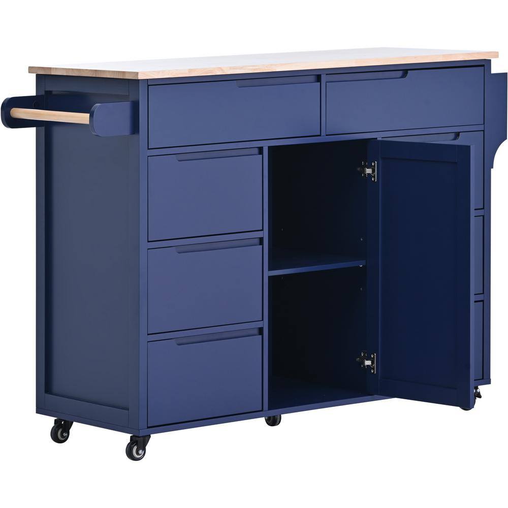 Siavonce Blue Rubber Wood 18.50 in. W Kitchen Island Cart with 8 Handle-Free Drawers Including a Flatware Organizer and 5 Wheels DJ-ZX-SK000002AAG