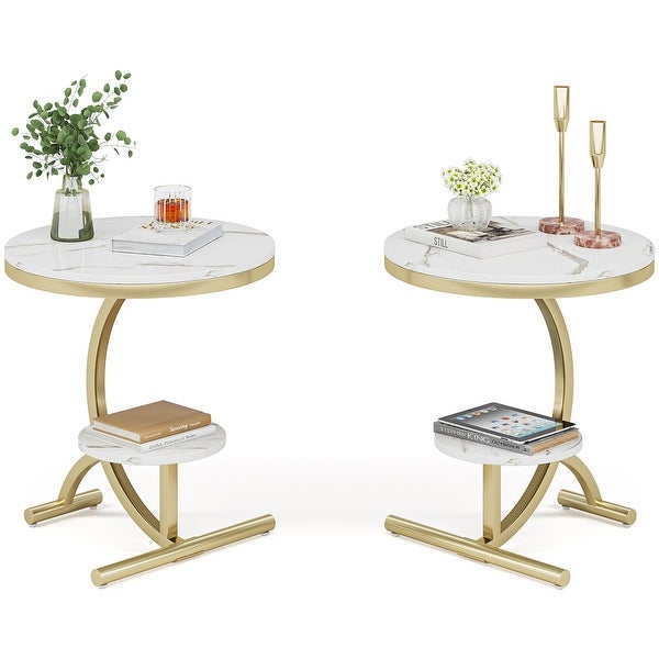 2-Tier Round Sofa Side Table， Faux Marble End Table， 20'' Beside Table with Storage Shelf，C-Shaped Base Metal Legs