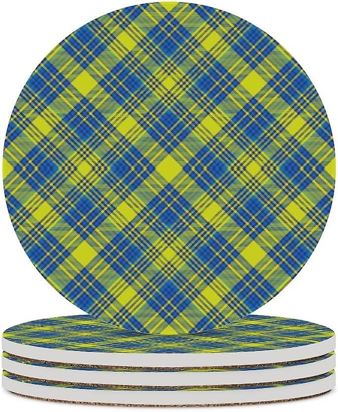 6pcs Round Yellow Argyle Plaid Tartan Texture Ceramic Coasters With Cork-backed For Coffee Drink Cup Mat Absorbent Stone Coasters