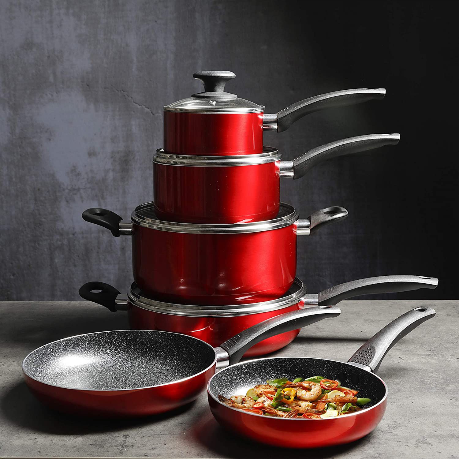 Oster Cocina Merrion 10 Piece Nonstick Aluminum Cookware Set in Red