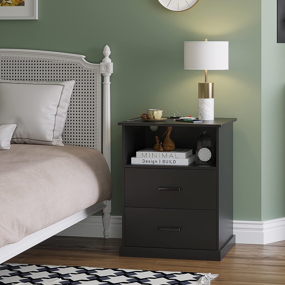 Nightstand with Charging Station  Large Side Table with 2 Storage Drawer and Open Cubby  Black Bedside End Table