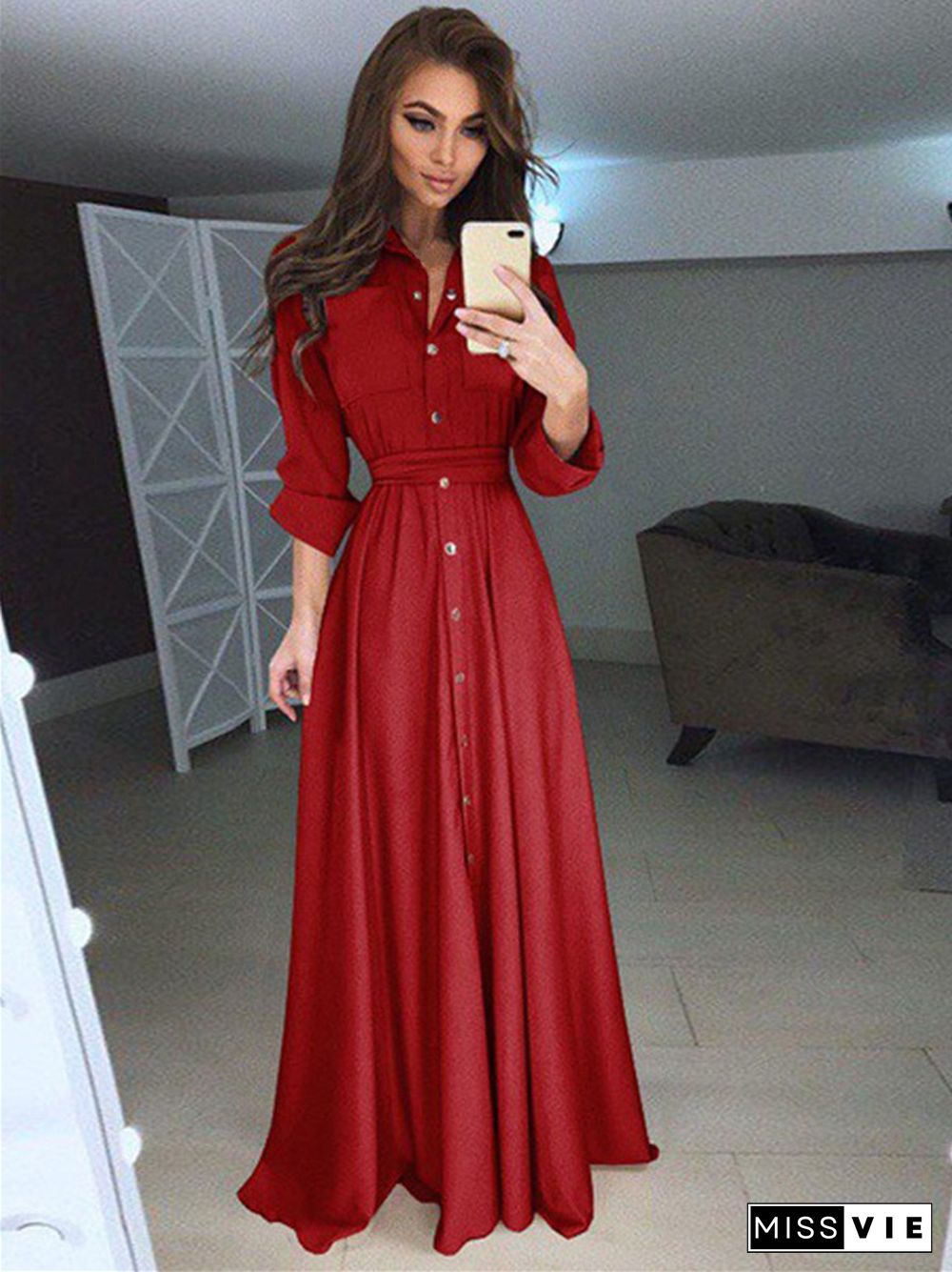 Long Sleeve Button Lace Solid Color Dress