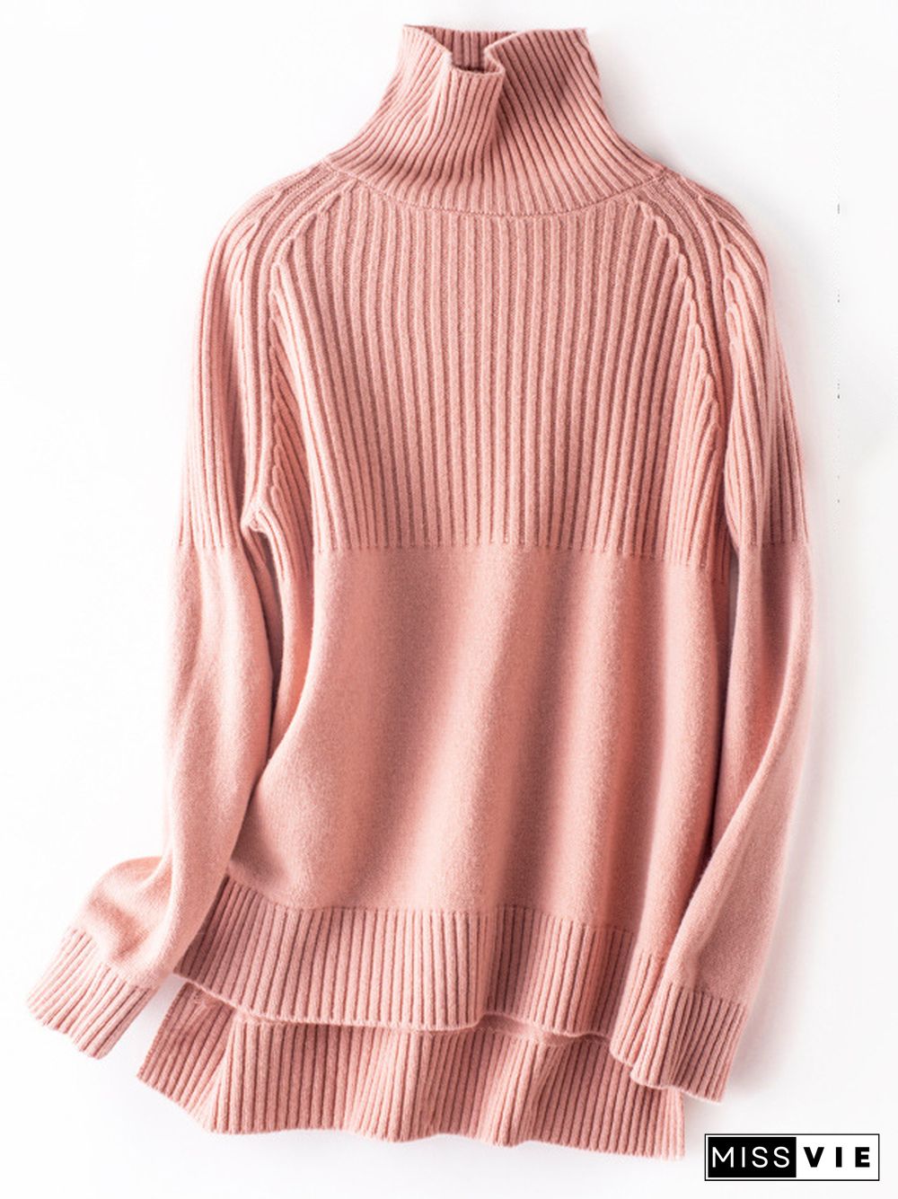 Casual Long Sleeves Loose Solid Color High-Neck Sweater Tops