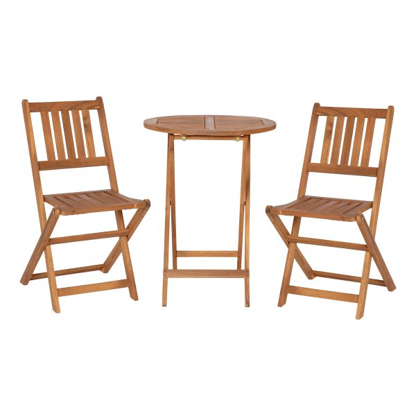 Martindale 3 Piece Folding Patio Bistro Set， Indoor/Outdoor Acacia Round Wood Table and 2 Chair Set with Slatted Design， Natural Finish