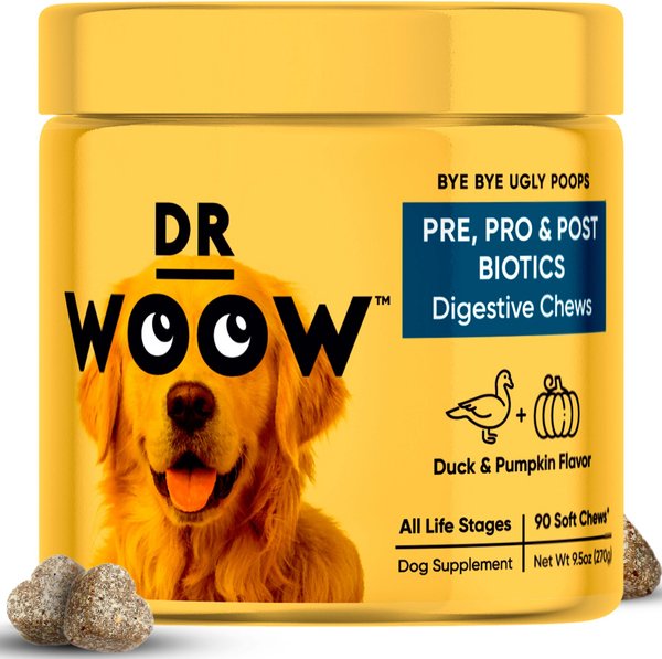 Dr Woow Pre， Pro and Post Biotics Duck and Pumpkin Flavor Soft Chew Digestion Supplement for Dogs， 90 count