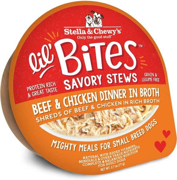 Stella and Chewy's Lil Bites Savory Stews Grain-Free Beef and Chicken in Broth Flavored Shredded Small Breed Wet Dog Food， 2.7-oz cup， case of 12