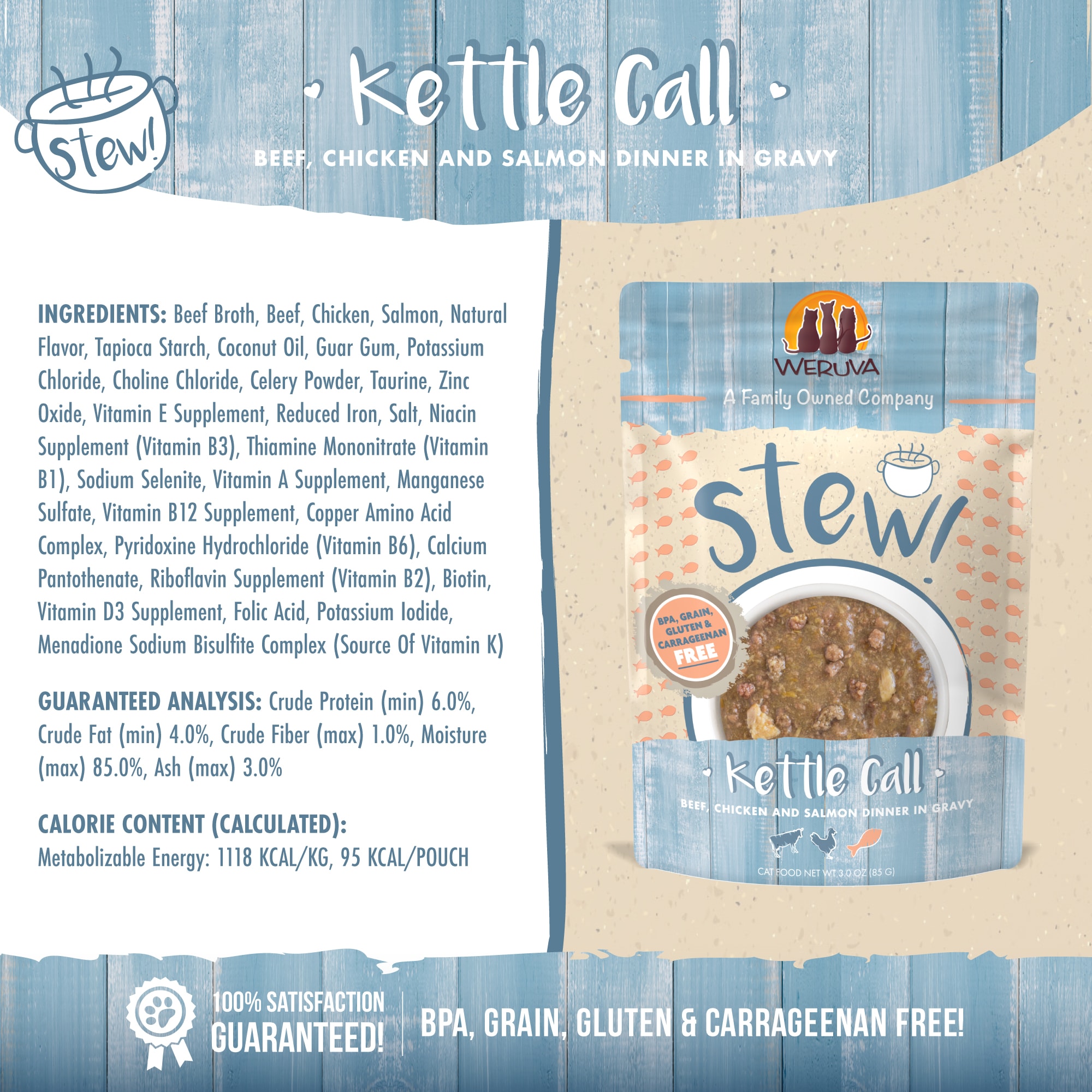 Weruva Stew! Kettle Call Beef， Chicken and Salmon Dinner in Gravy Wet Cat Food， 3 oz.， Case of 12