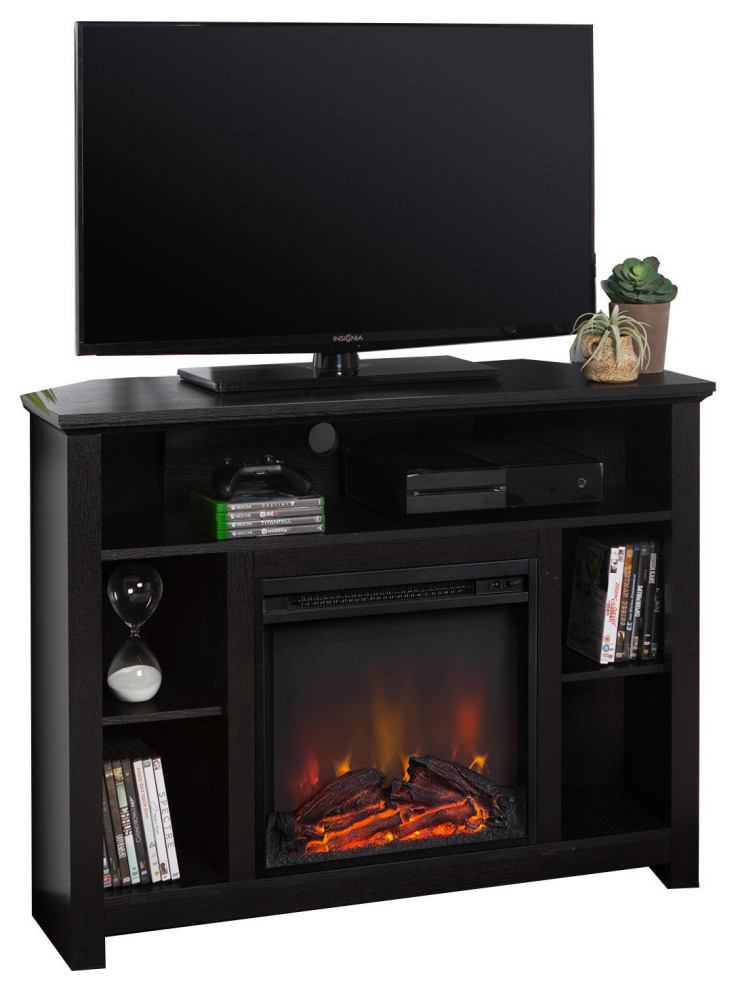 Corner Entertainment Center  Fireplace and Multiple Open Storage Shelves   Transitional   Entertainment Centers And Tv Stands   by Declusia  Houzz