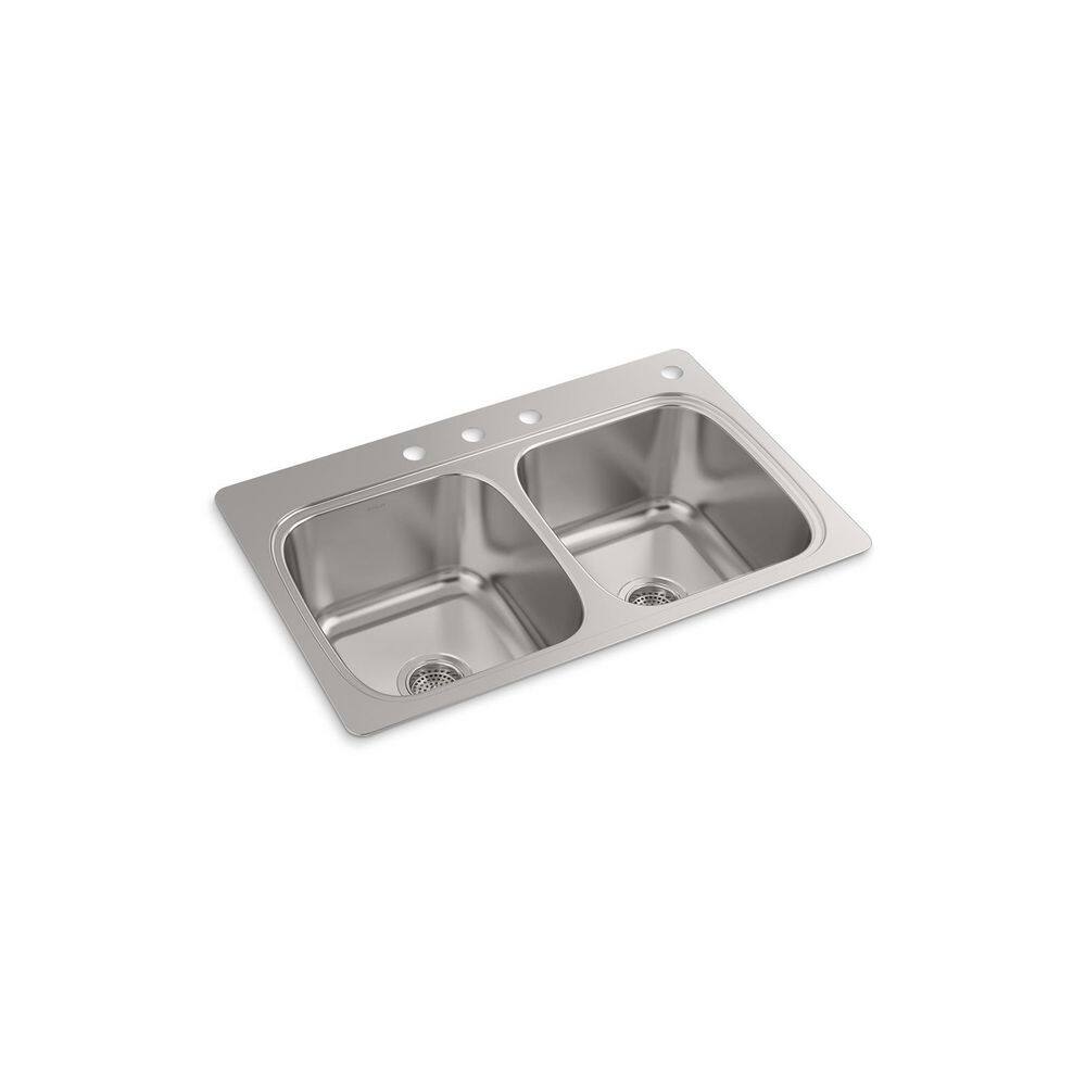 KOHLER Verse 33 in. Drop-in Double Bowl 20 Gauge Stainless Steel Kitchen Sink with 4-Holes K-RH5267-4-NA