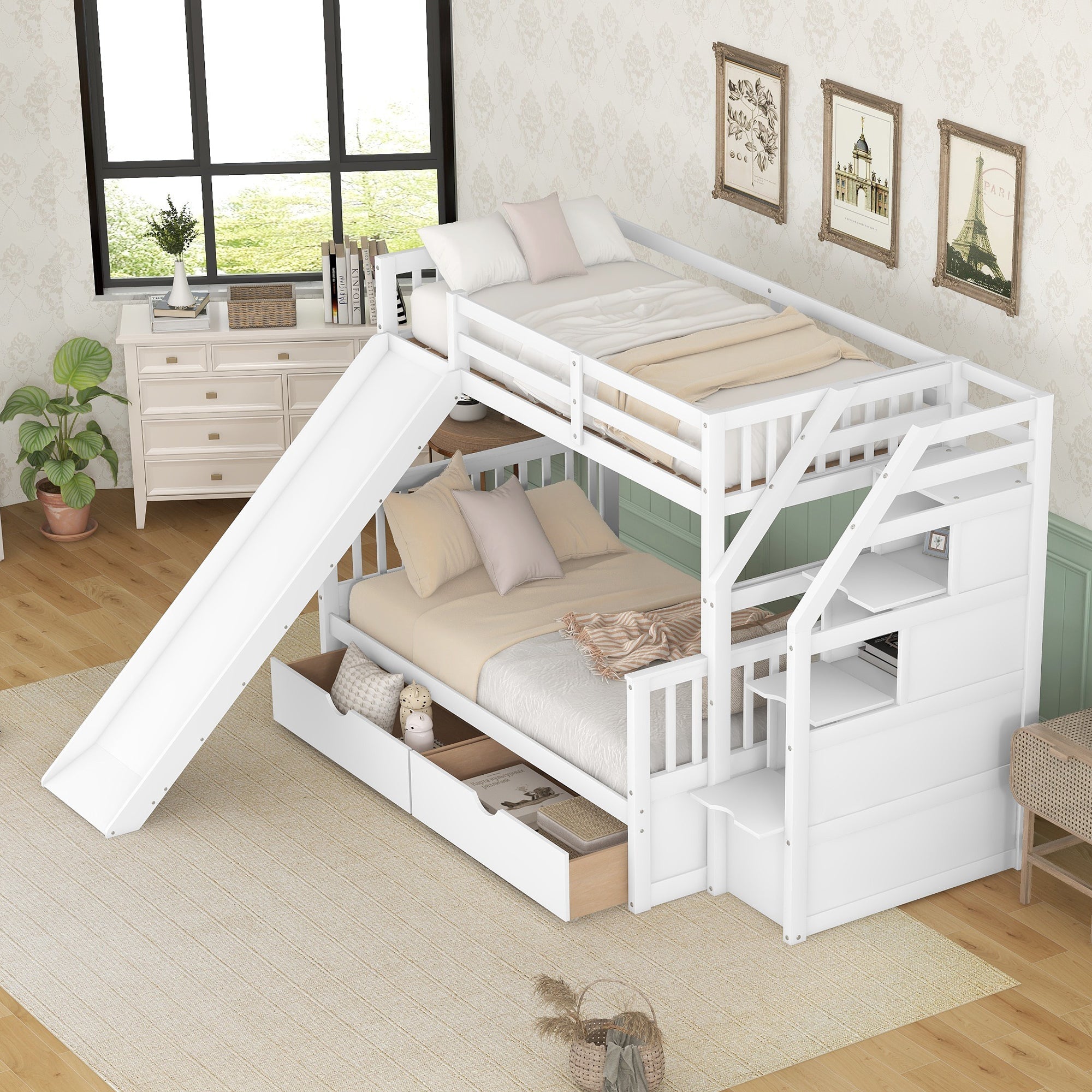 Bellemave Twin Over Full Bunk Bed with Stairs and Slide, Solid Wood Bunk Bed Frame with Storage Drawers for Kids Boys Girls Teens （White)