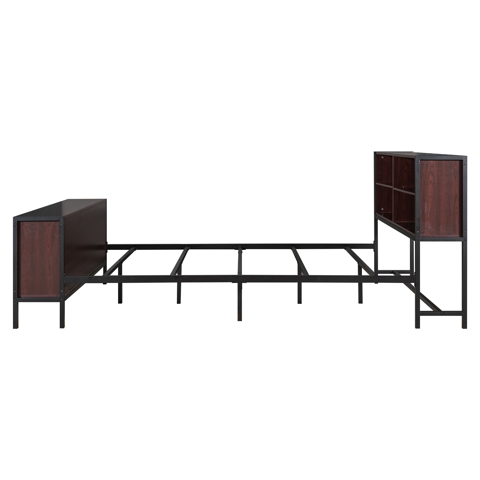 EUROCO Queen Size Metal Platform Bed with Storage Cabinet and Shelf for Bedroom, Black