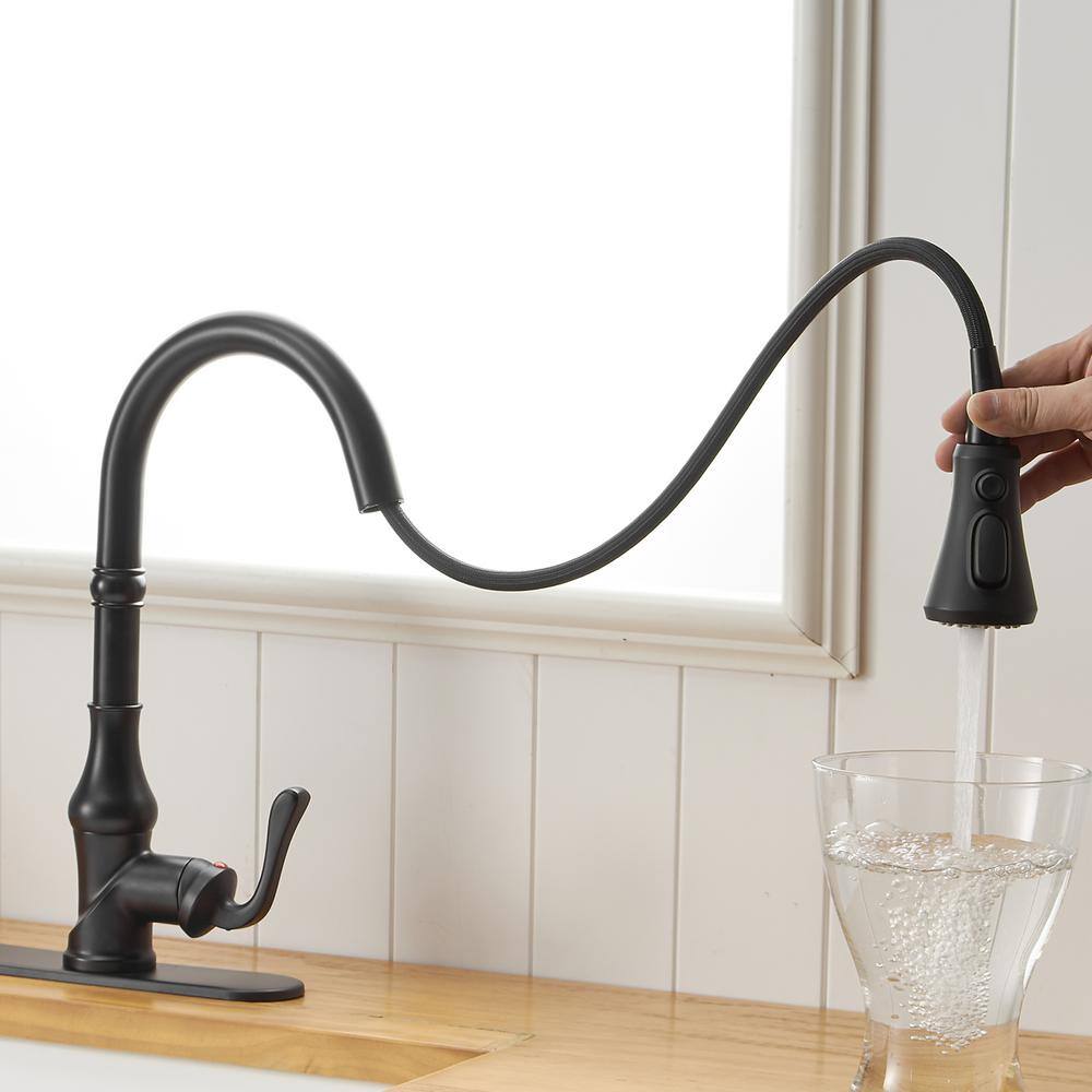 FORCLOVER Single Handle Gooseneck 3 Spray High Arc Pull Down Sprayer Kitchen Faucet with Deck Plate in Matte Black FRIMFYT11MB