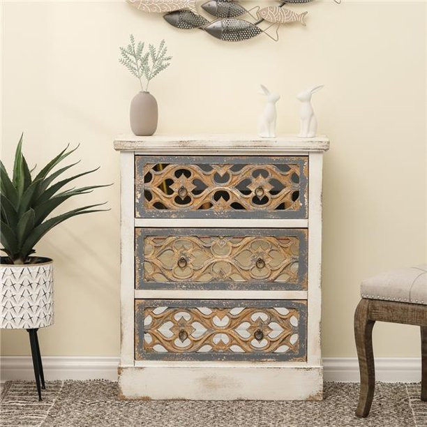 Rustic End Table  3 Drawers With Carved Front  ampGlass Insert  Off White/Natural   French Country   Side Tables And End Tables   by Decor Love  Houzz