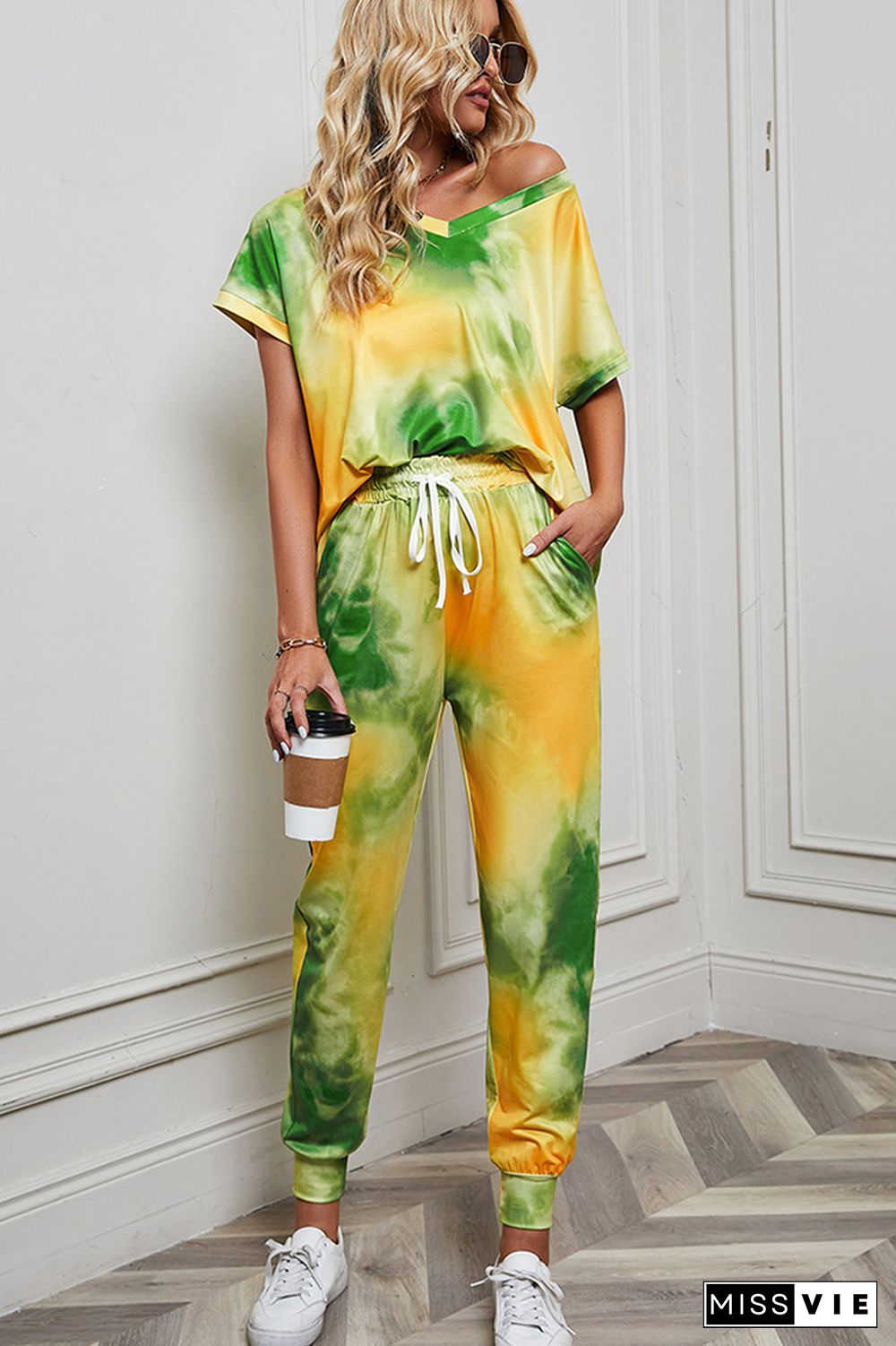 Tie Dye Short Sleeve Top and Drawstring Pants Two Pieces Set