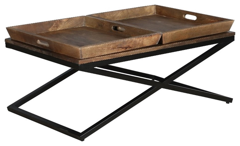 38 Inch Mango Wood Farmhouse Coffee Table  2 Trays  X Iron Base  Brown  ampBlack   Industrial   Coffee Tables   by Homesquare  Houzz