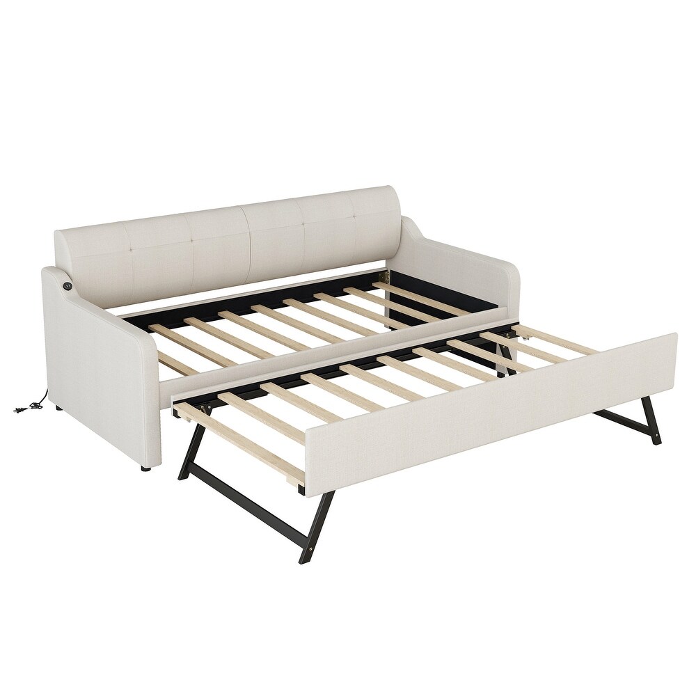 Twin Size Upholstered Daybed w/Trundle   USB Charging Design  Beige