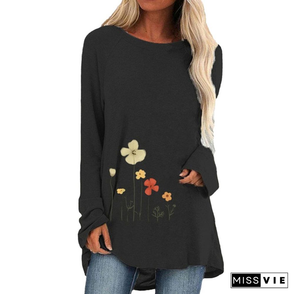 Spring and Autumn Plus Size Fashion Women Clothing Flowers Printed Casual T-shirt Ladies Long Sleeve Round Neck Pullover Tops