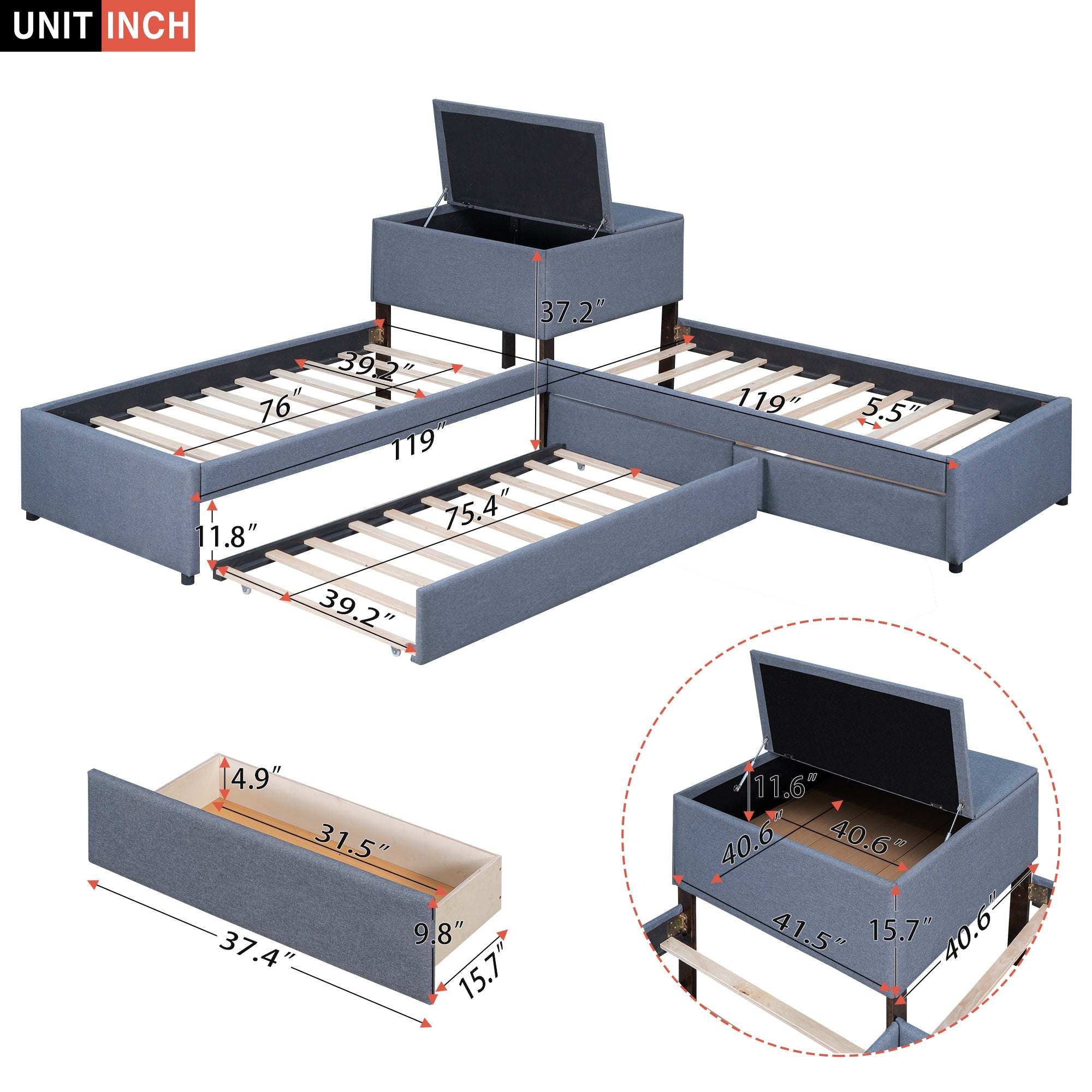 EUROCO Upholstery L-Shaped Twin Platform Bed with Storage Drawers and Trundle,Square Table for Kids Bedroom Gray