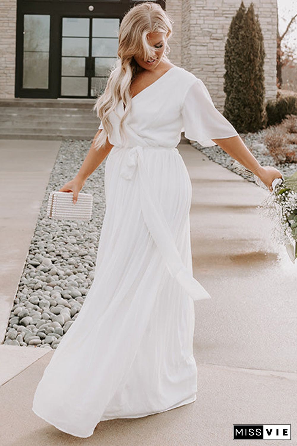 White Wrap V Neck Belted Plus Size Flowy Maxi Dress