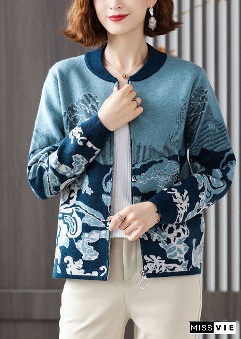 Modern Blue O-Neck Zip Up Print Knit Jackets Long Sleeve