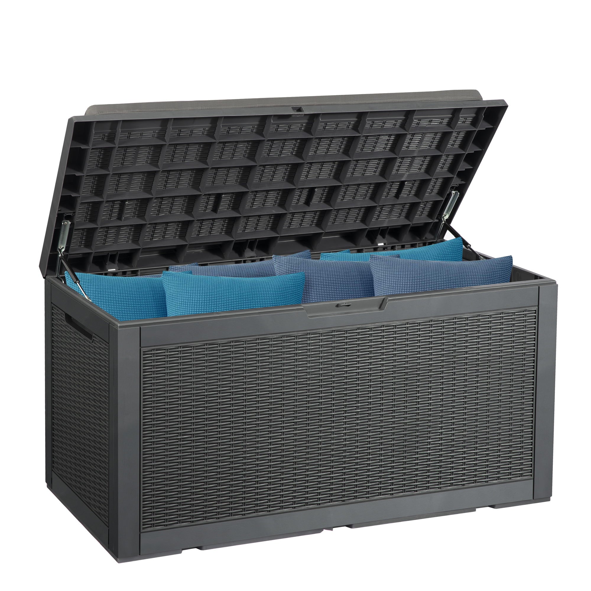 LovoIn | 100 Gallon Outdoor Storage Deck Box Rattan Resin Plastic Storage Box with Cushion and Lockable - Black