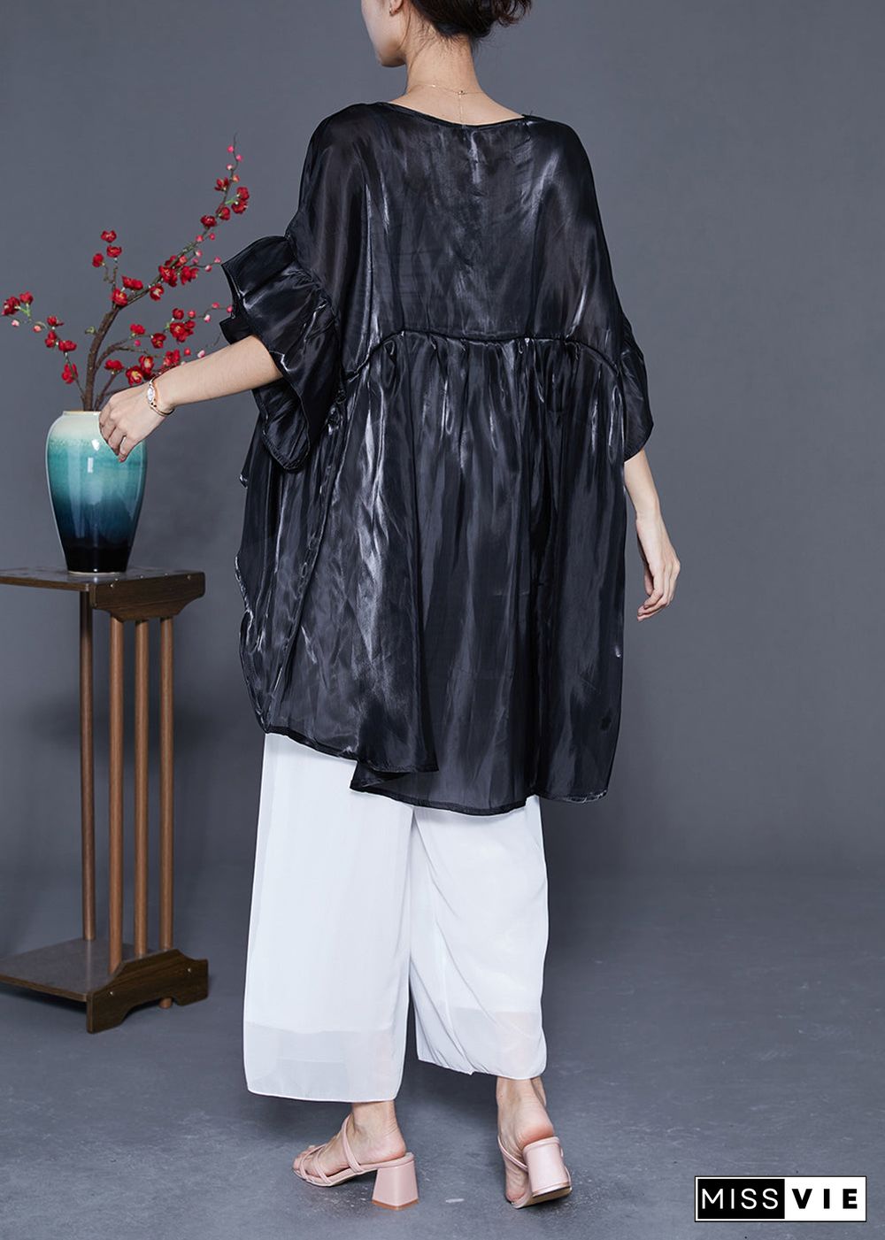 Plus Size Black Oversized Patchwork Silk Shirt Top Summer