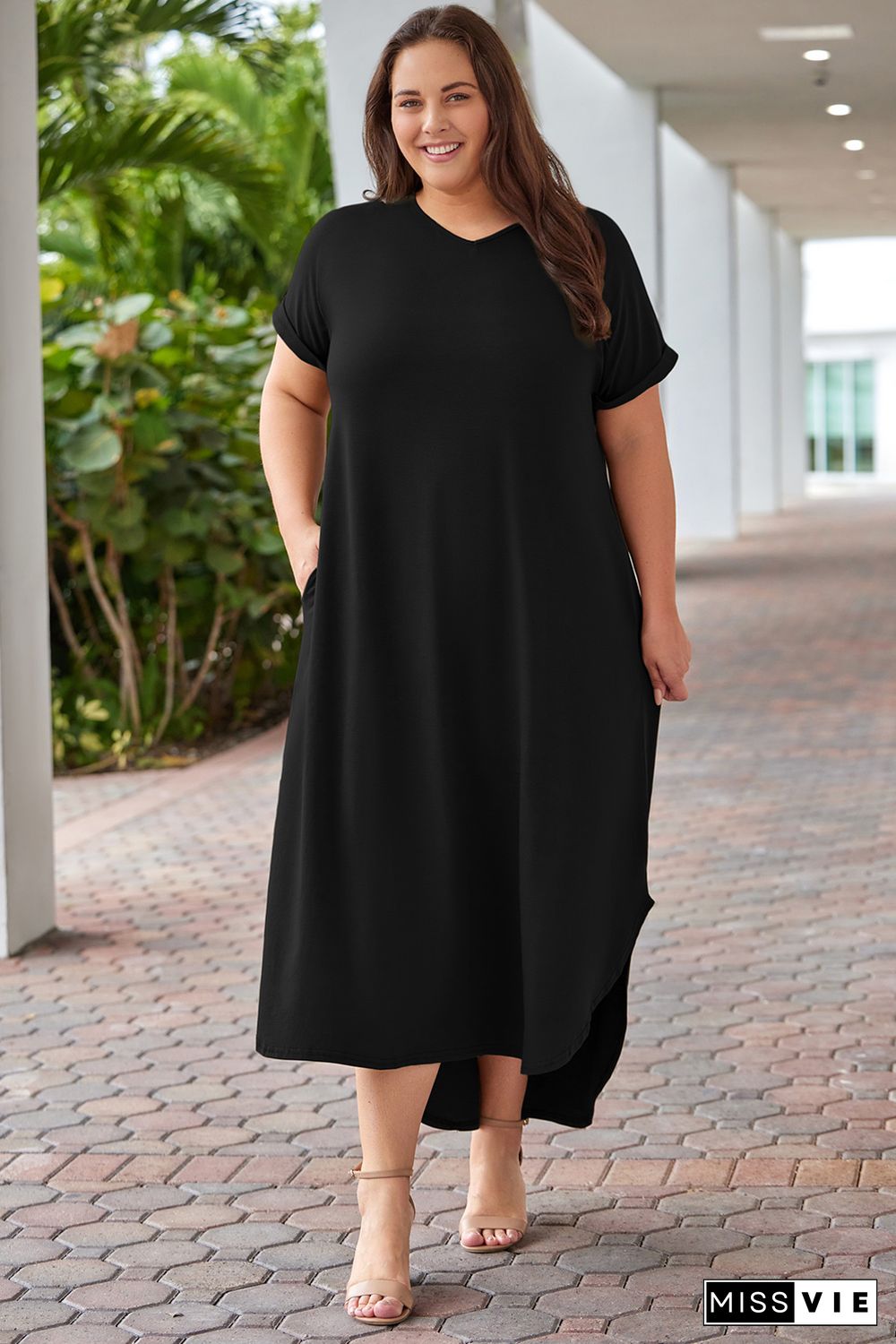 Black Plus Size V Neck Rolled Cuffs Maxi Dress