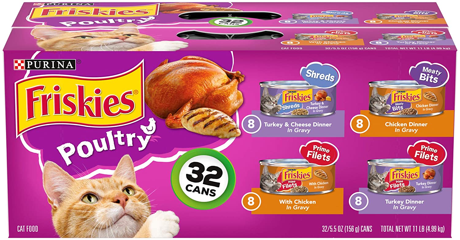 Purina Friskies Gravy Wet Cat Food Variety Pack， Poultry Shreds， Meaty Bits and Prime Filets - (32) 5.5 oz. Cans