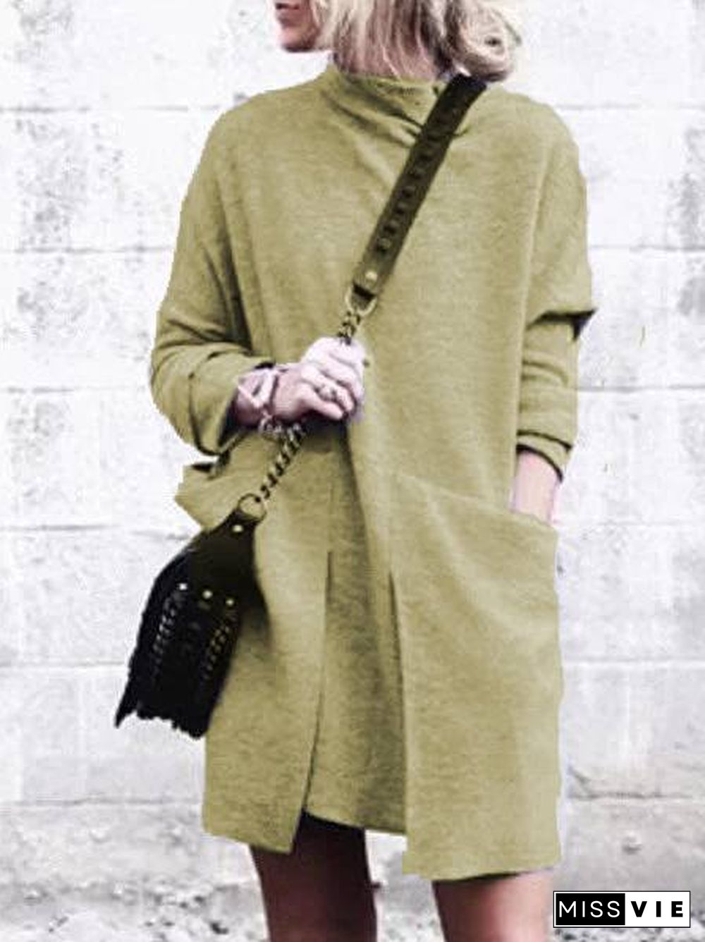 Plain Long Sleeve Turtleneck Knitting Dress