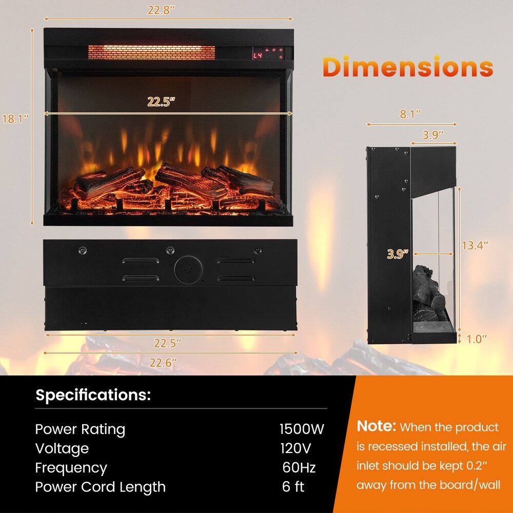 23 inch 3 Sided Electric Fireplace Insert with Remote Control Black   22.8\