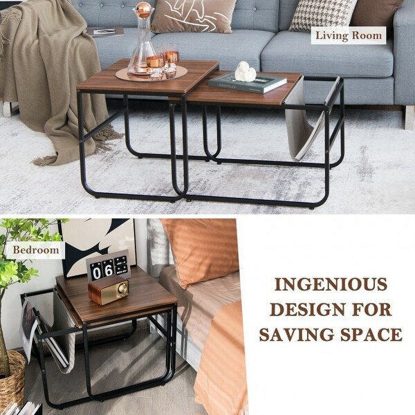 Set of 2 Nesting Coffee Table with Magazine Holder