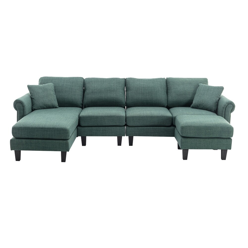 Velvet Upholstered L Shaped Sectional Sofa With Ottoman