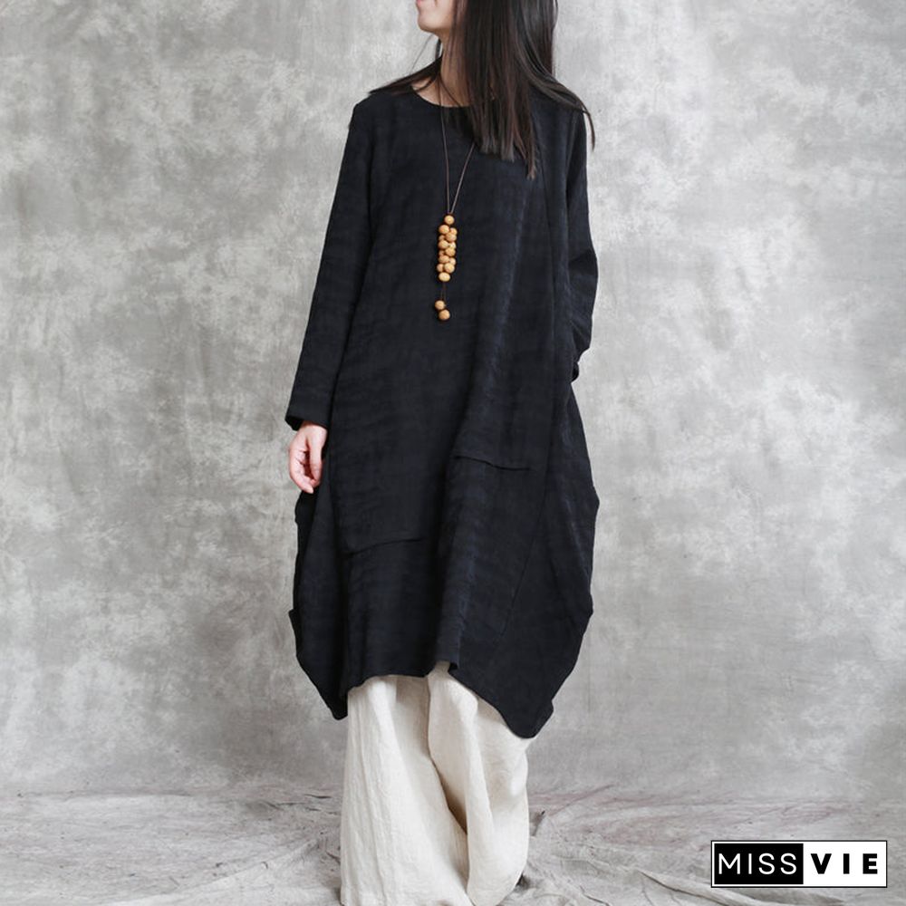 Boutique Black Cotton Linen Caftans Oversized O Neck Asymmetric Traveling Dress Vintage Long Sleeve Baggy Dresses