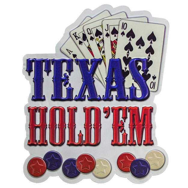 X 13 75 quot Texas Hold x27 em Embossed Metal Sign White red dark Blue American Art Decor