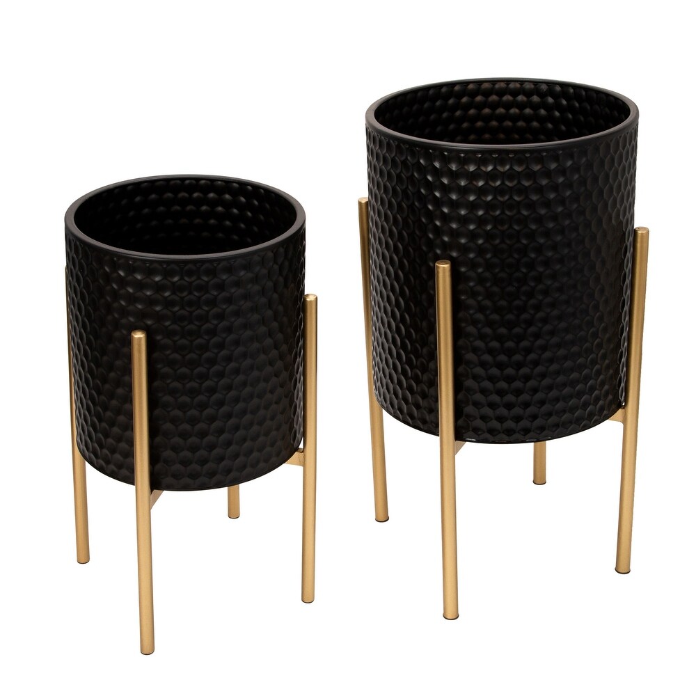 Set of 2 Honeycomb Planter Pots on Metal Stands  Indoor Outdoor  Black and Gold  14 L x 14 W x 23 H   14\