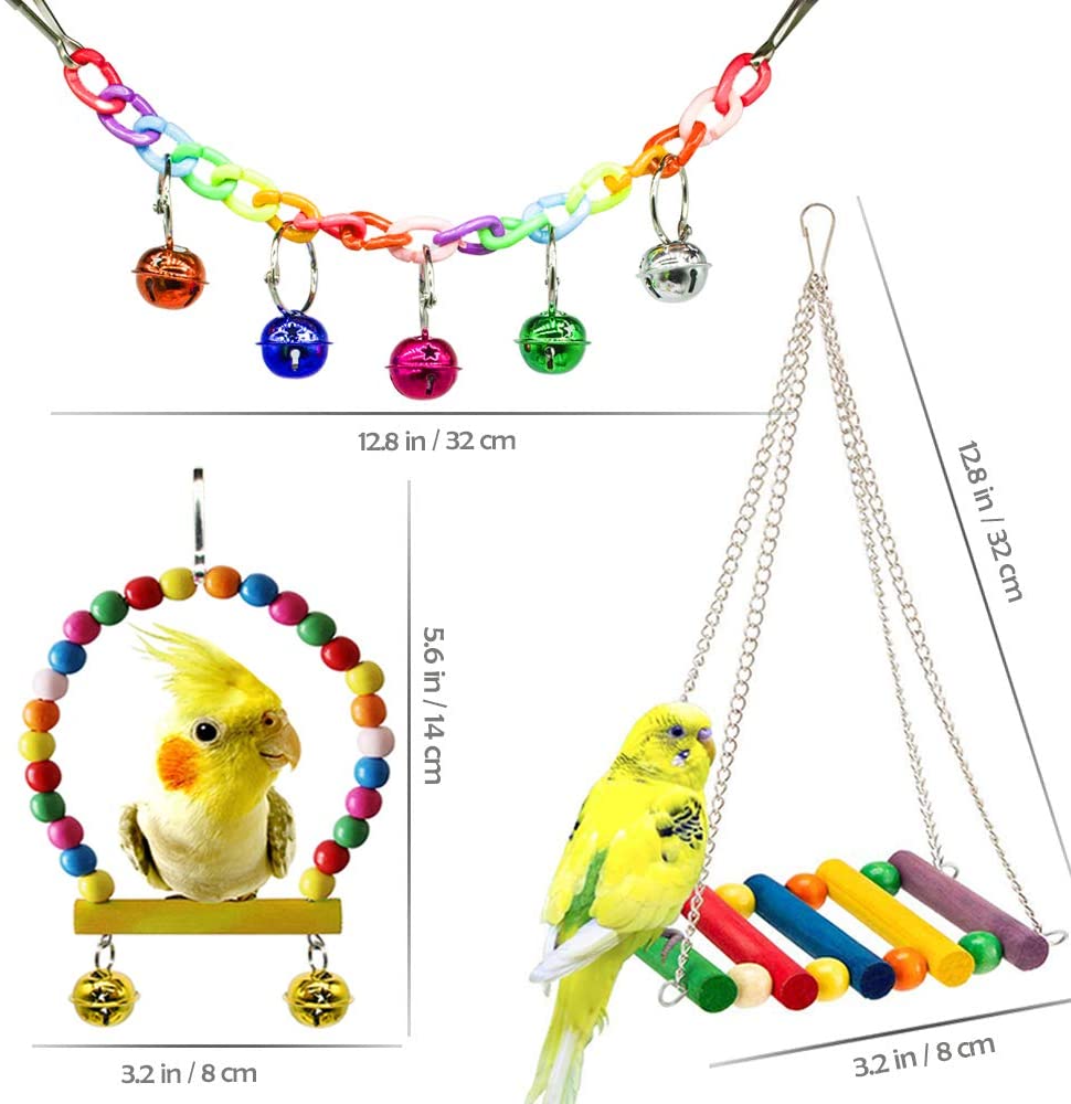 Hommtina 7 Pack Bird Parrot Toys， Colorful Bird Chewing Toys Swing Toy Hanging Toy Bird Cage Toys or Small Parakeets Cockatiels， Conures， Macaws， Parrots， Love Birds， Finches