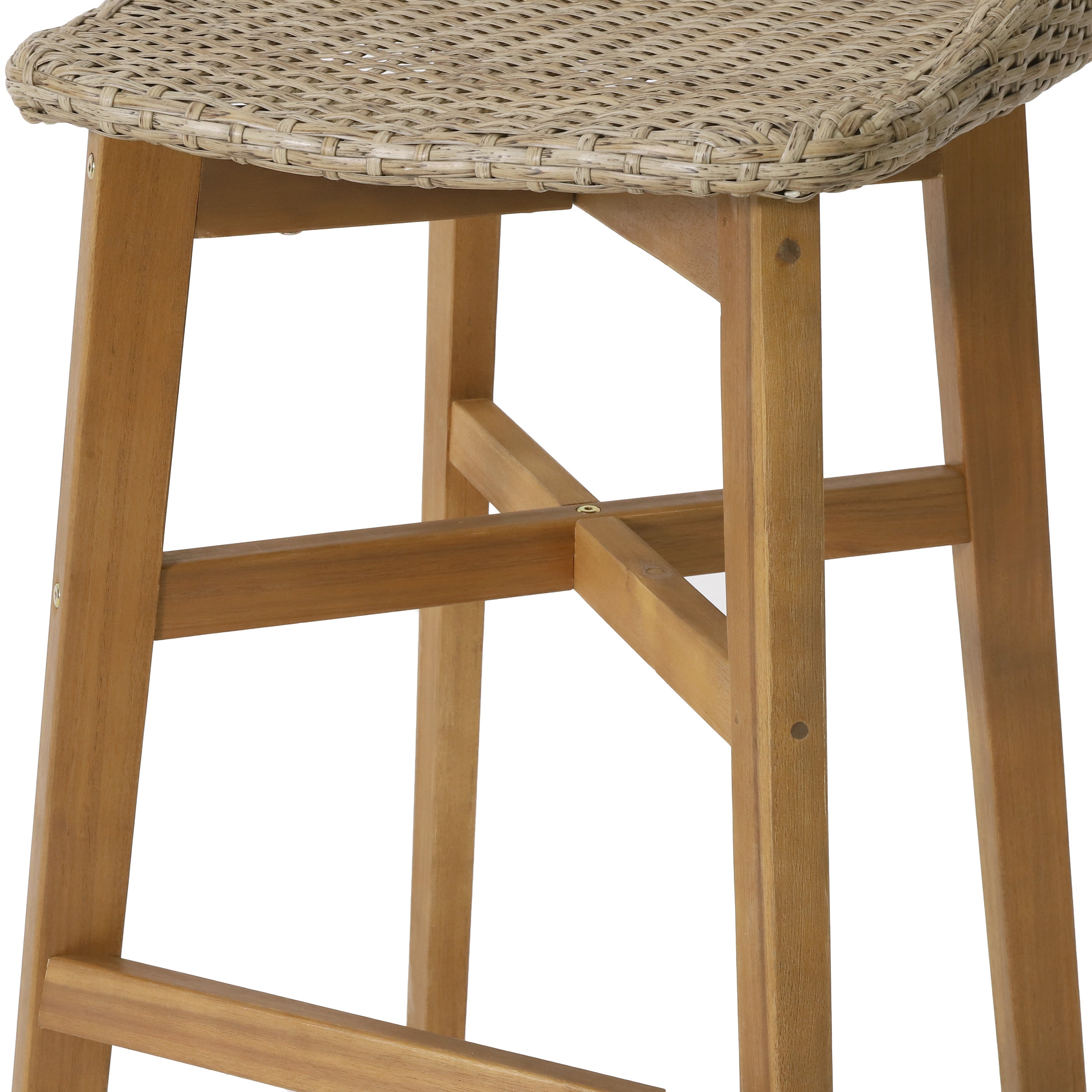 Beeson Outdoor Wicker and Acacia Wood 30 Inch Barstools, Set of 4, Light Multibrown and Teak