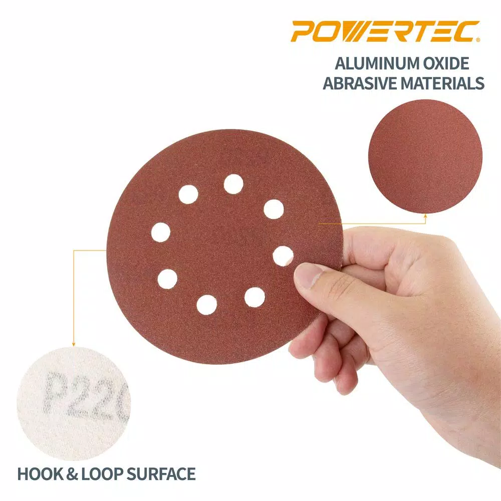 POWERTEC 5 in. 60-Grit Aluminum Oxide Hook and Loop 8-Hole Disc (25-Pack) and#8211; XDC Depot