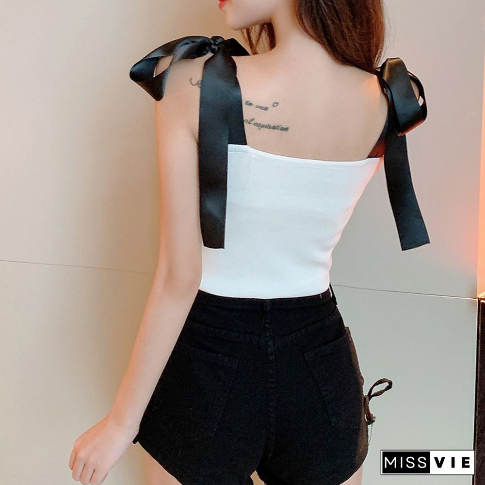 Ribbon Bow Sling Blouse Women's Summer New Style Temperament Outer Wear All-Match Short Slim Waistcoat Tops Camisole