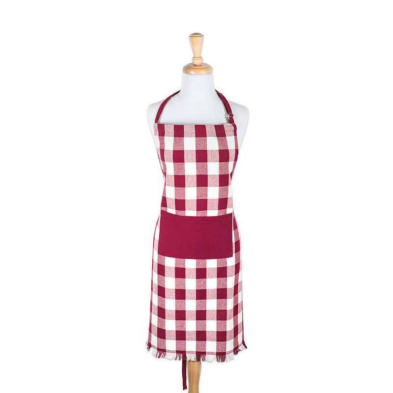 32 Wine Red and White Checkered Adjustable Heavyweight Fringe Chef Apron with Pocket