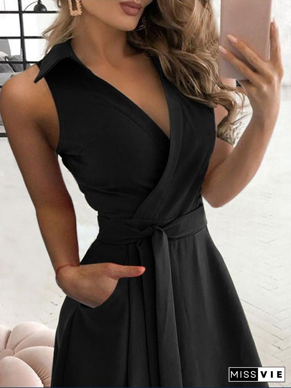 Women'S Dresses Solid V-Neck Belted Sleeveless Dress