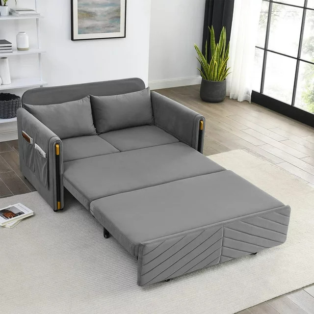 Modern Sleeper Sofa  Velvet Seat With 2 Pillows  ampDetachable Side Pockets   Modern   Sleeper Sofas   by Declusia  Houzz