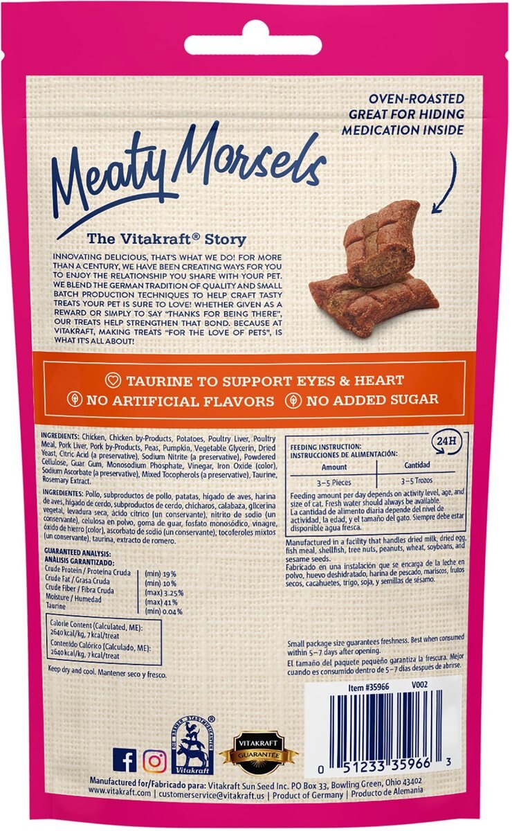 Vitakraft Meaty Morsels Chicken with Pumpkin Recipe Soft Cat Treats， 1.4-oz pouch， pack of 4