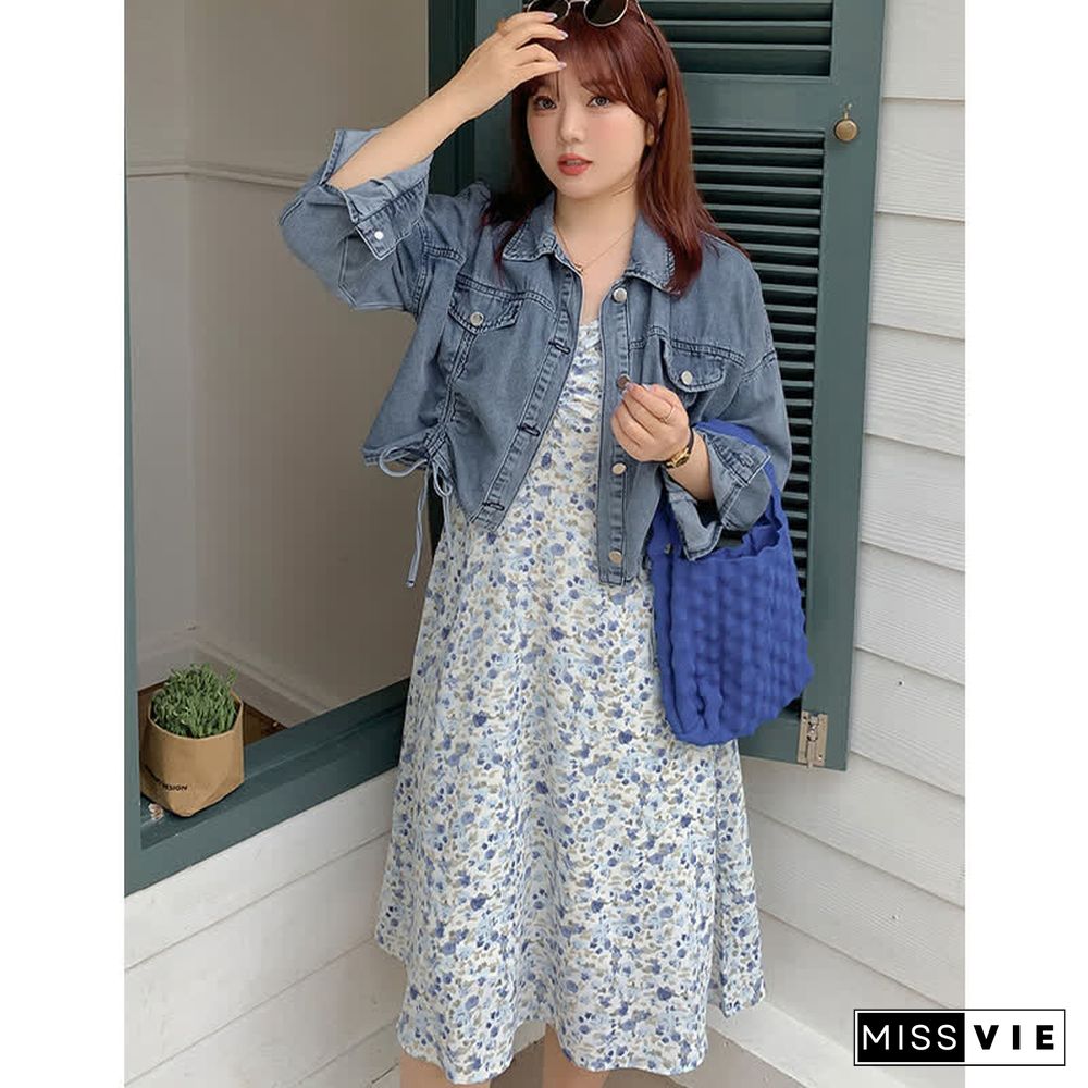 Plus Size Drawstring Denim Jacket Floral Print Slip Dress