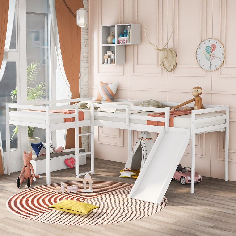 L Shaped Twin Size Loft Bed with Ladder and Slide  White