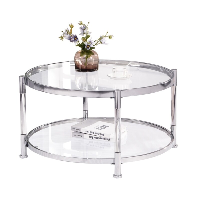 Grondin Modern Style Round 2 Tier Coffee Table Cocktail Table with Tempered Glass Top  Steel and Acrylic Frame